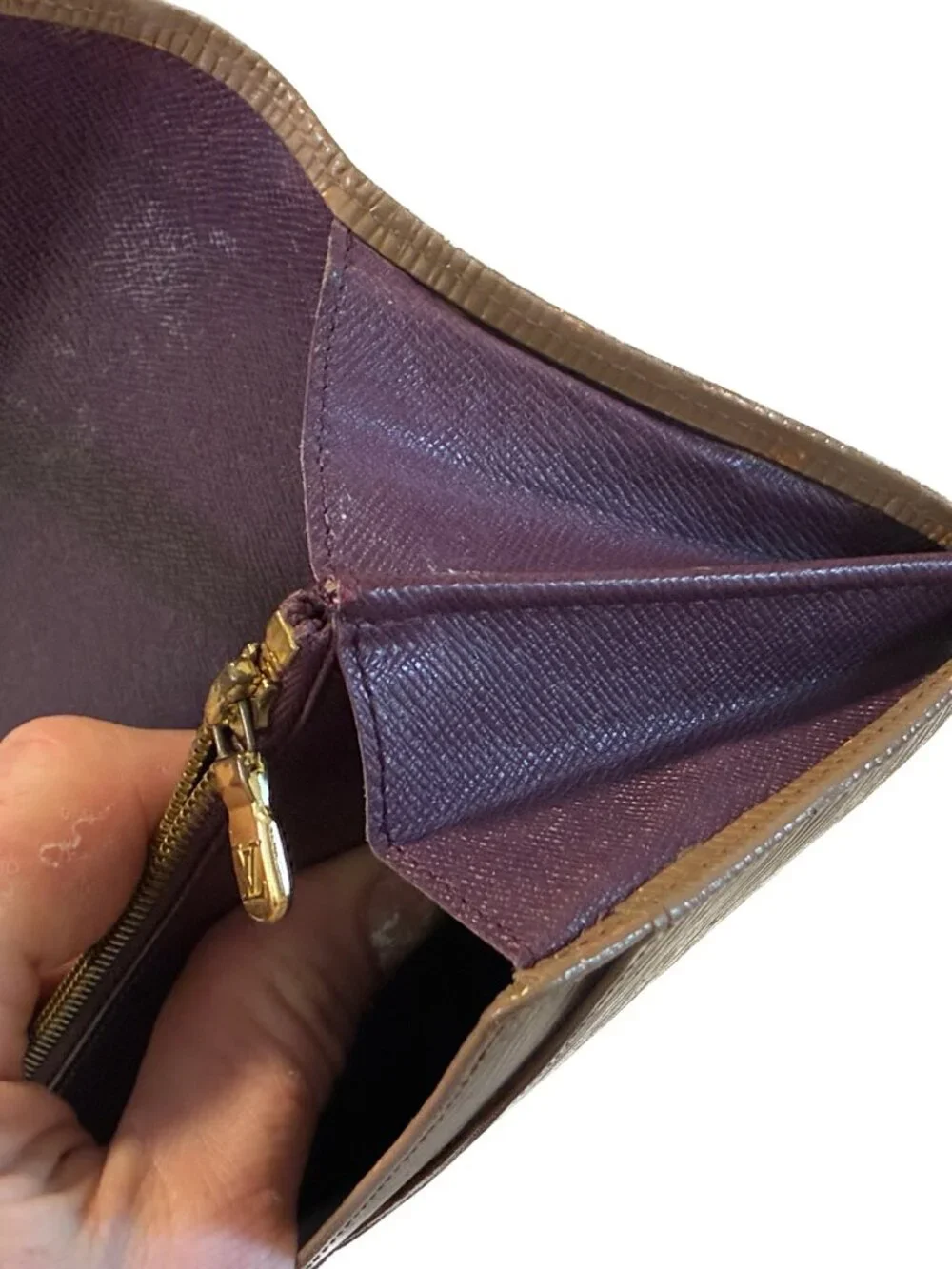 Authentic Louis Vuitton Vintage Epi Leather Long Flap Wallet in Taupe & Purple